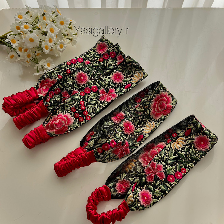 هدبند سوزندوزی یلدا پرتراکم و شیک مخصوص شب یلدا یاسی گالری اکسسوری مو قرمز