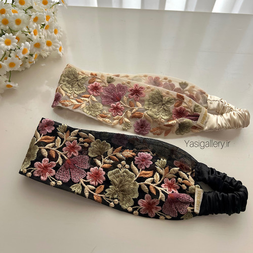 هدبند سوزندوزی مدل دنیز مشکی و کرم - یاسی گالری