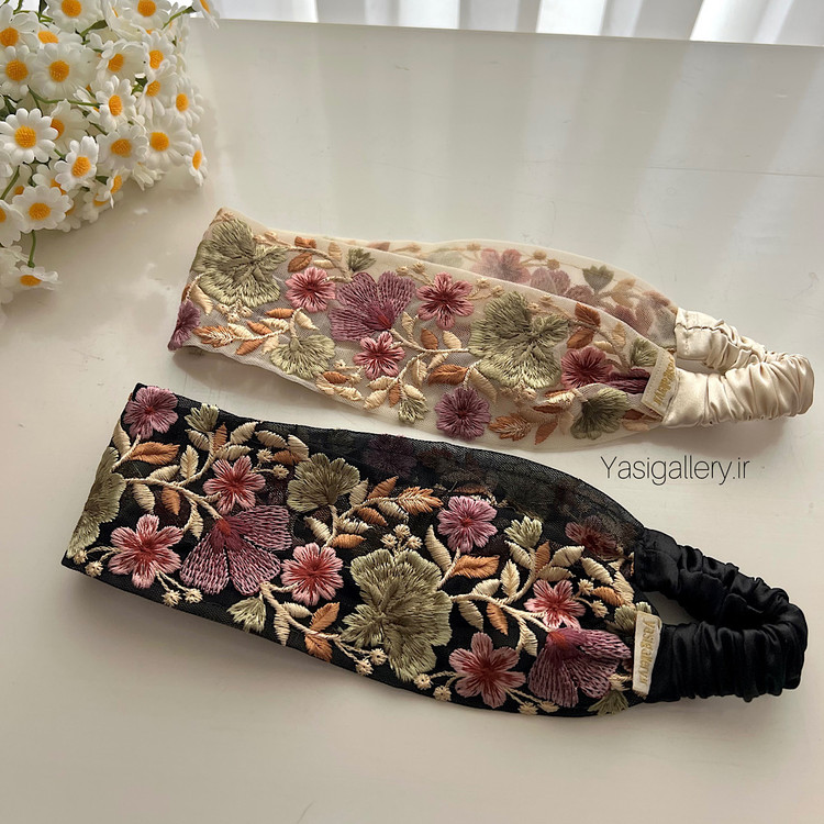 هدبند سوزندوزی دنیز رنگ مشکی و کرم یاسی گالری